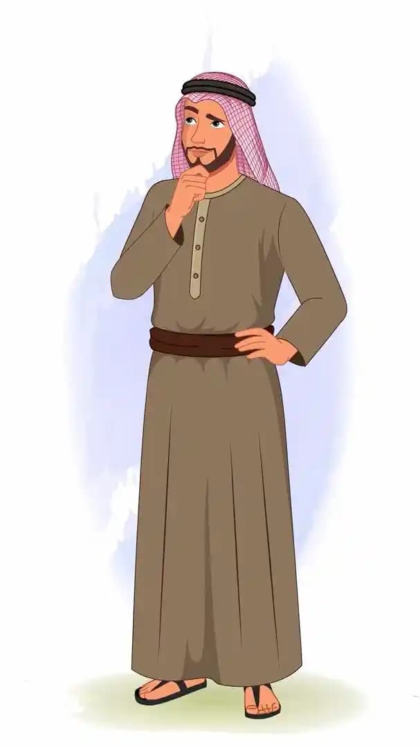 A middle eastern arab sheikh animated thinking pose vector cartoon character AKA Rehmaan