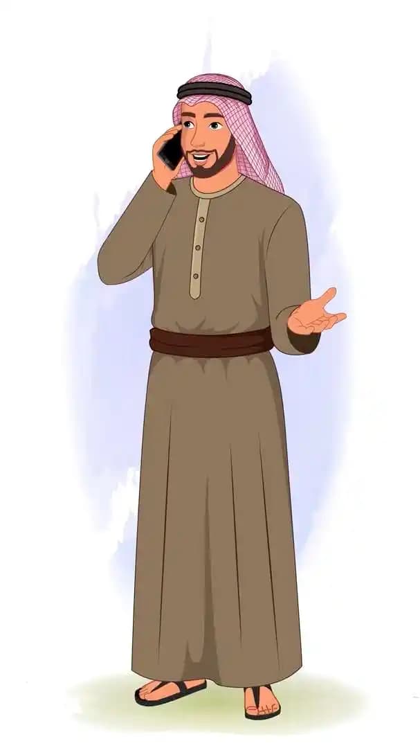 A middle eastern arab sheikh talking on phone animated vector cartoon character AKA Rehmaan