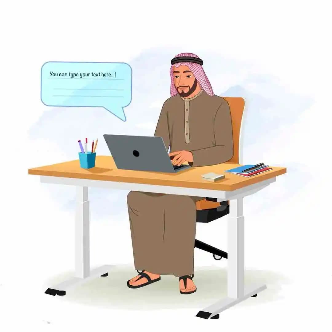 A middle eastern arab sheikh working on laptop animated vector cartoon character AKA Rehmaan
