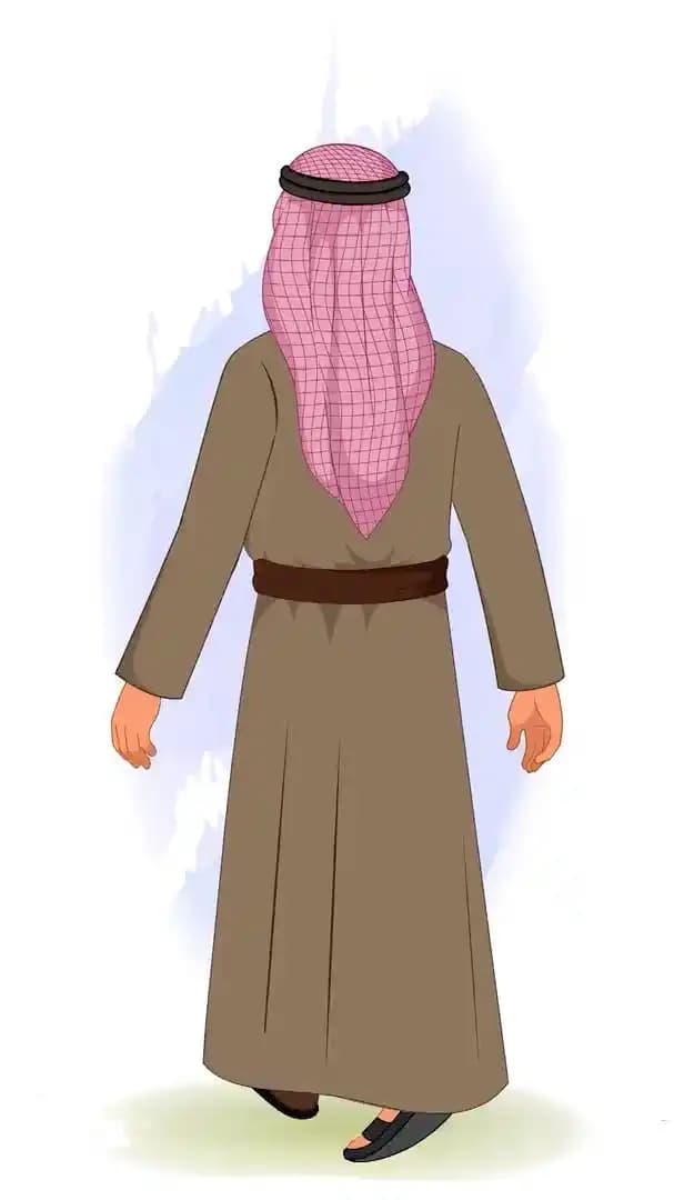 A middle eastern arab sheikh walking in back third view animated vector cartoon character AKA Rehmaan