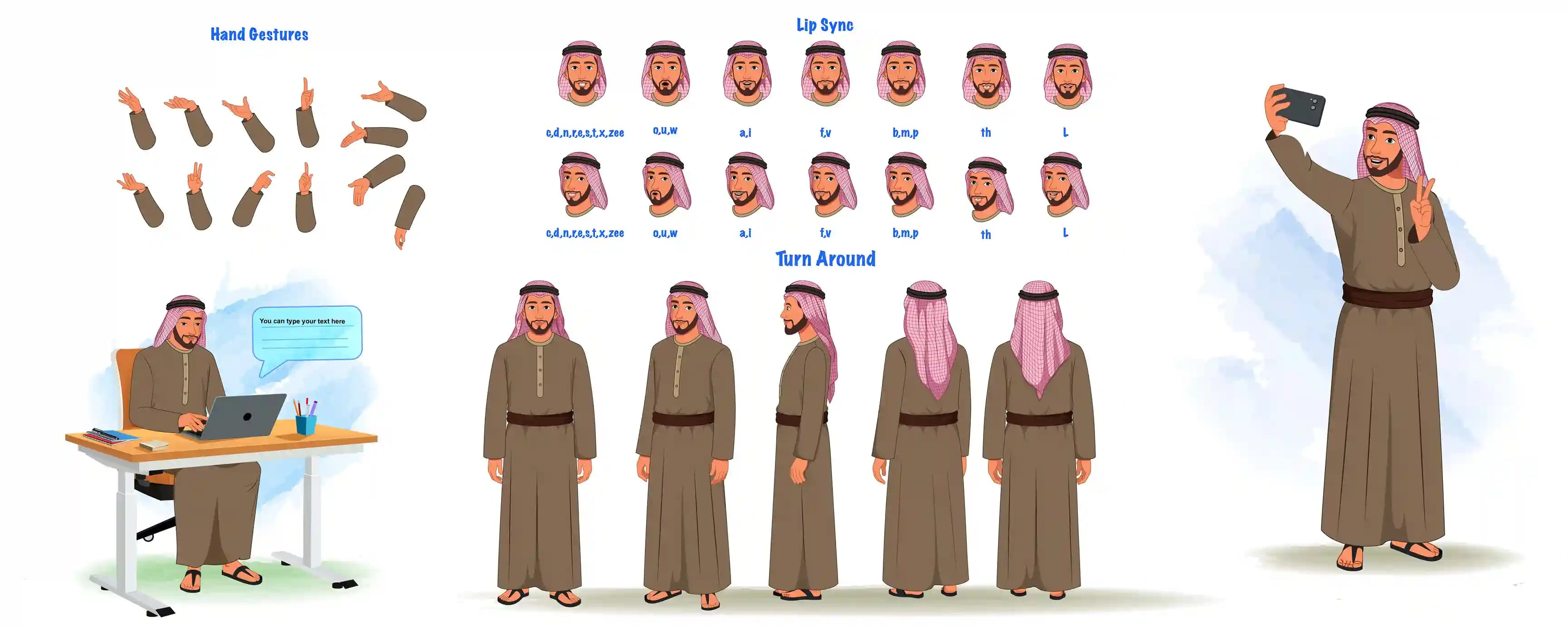 Middle eastern arab sheikh character model sheet & cartoon vector design set with turn around poses AKA Rehmaan