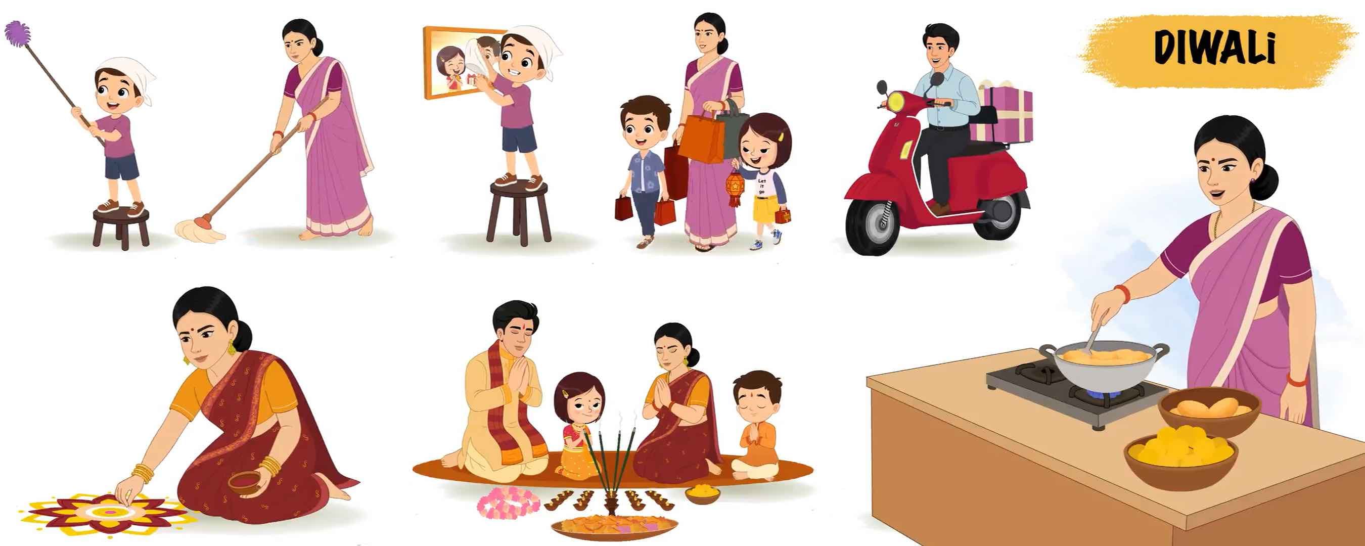 Family celebrating Diwali and doing household chores animated model sheet