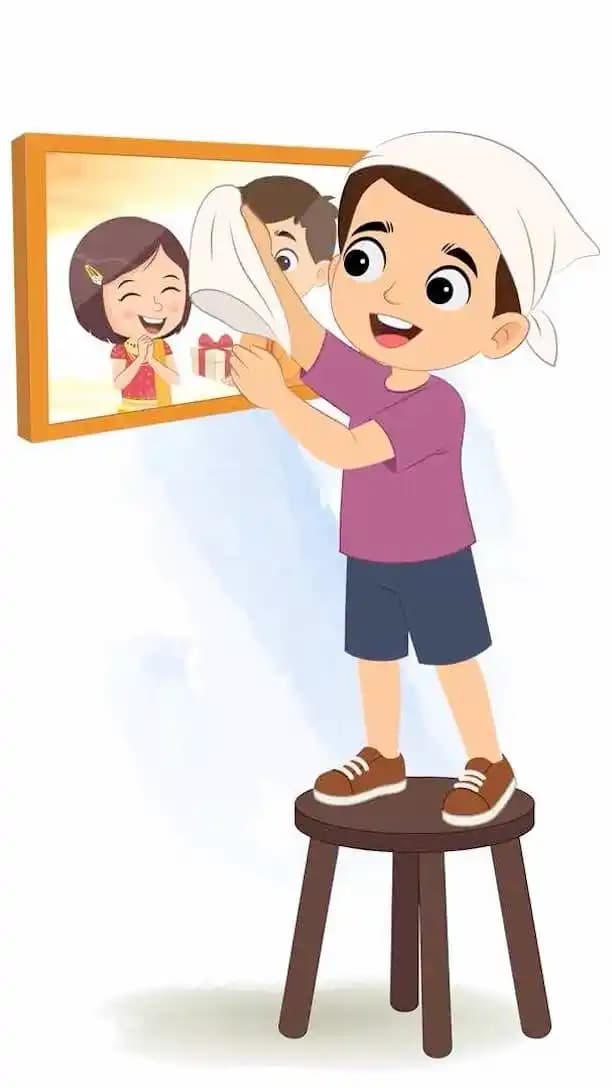 Boy clean up frame photo animated vector cartoon character