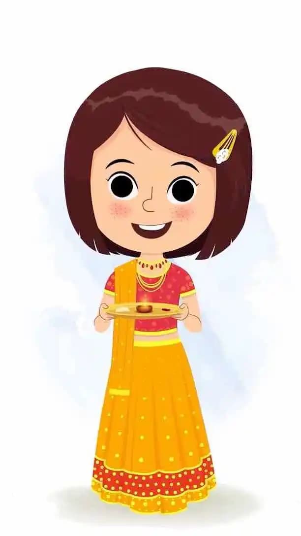 Little girl celebrating Diwali with diya thali animated vector cartoon character