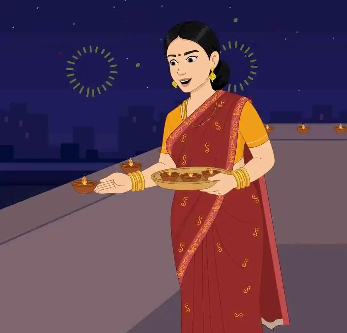 Indian woman with diya thali for celebration Diwali animated vector cartoon character