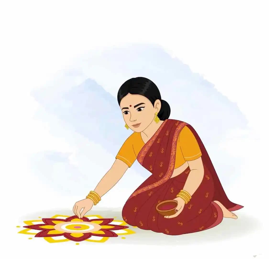 Indian woman making rangoli animated vector cartoon character