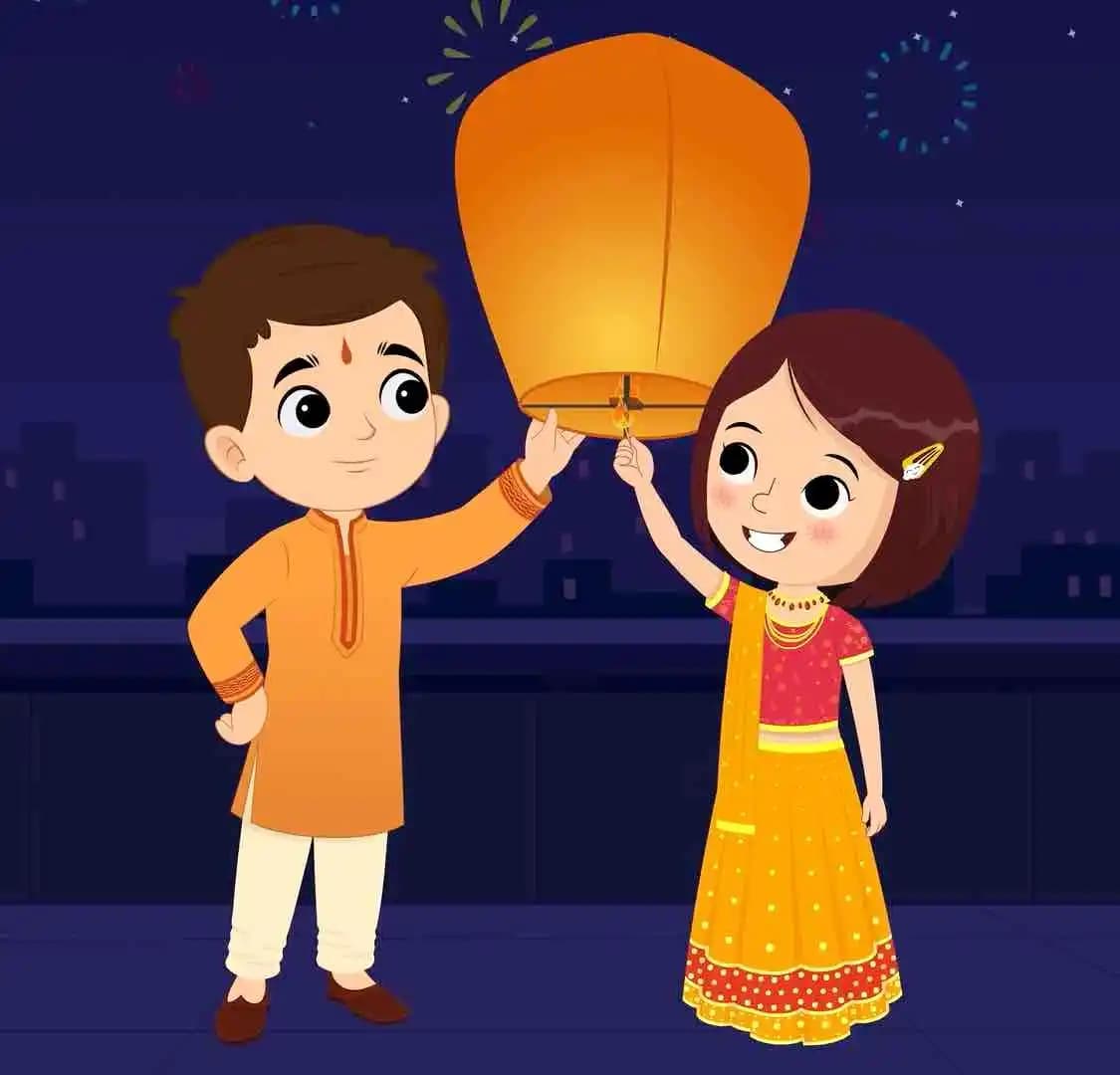 Little kids playing with sky lantern animated vector cartoon character