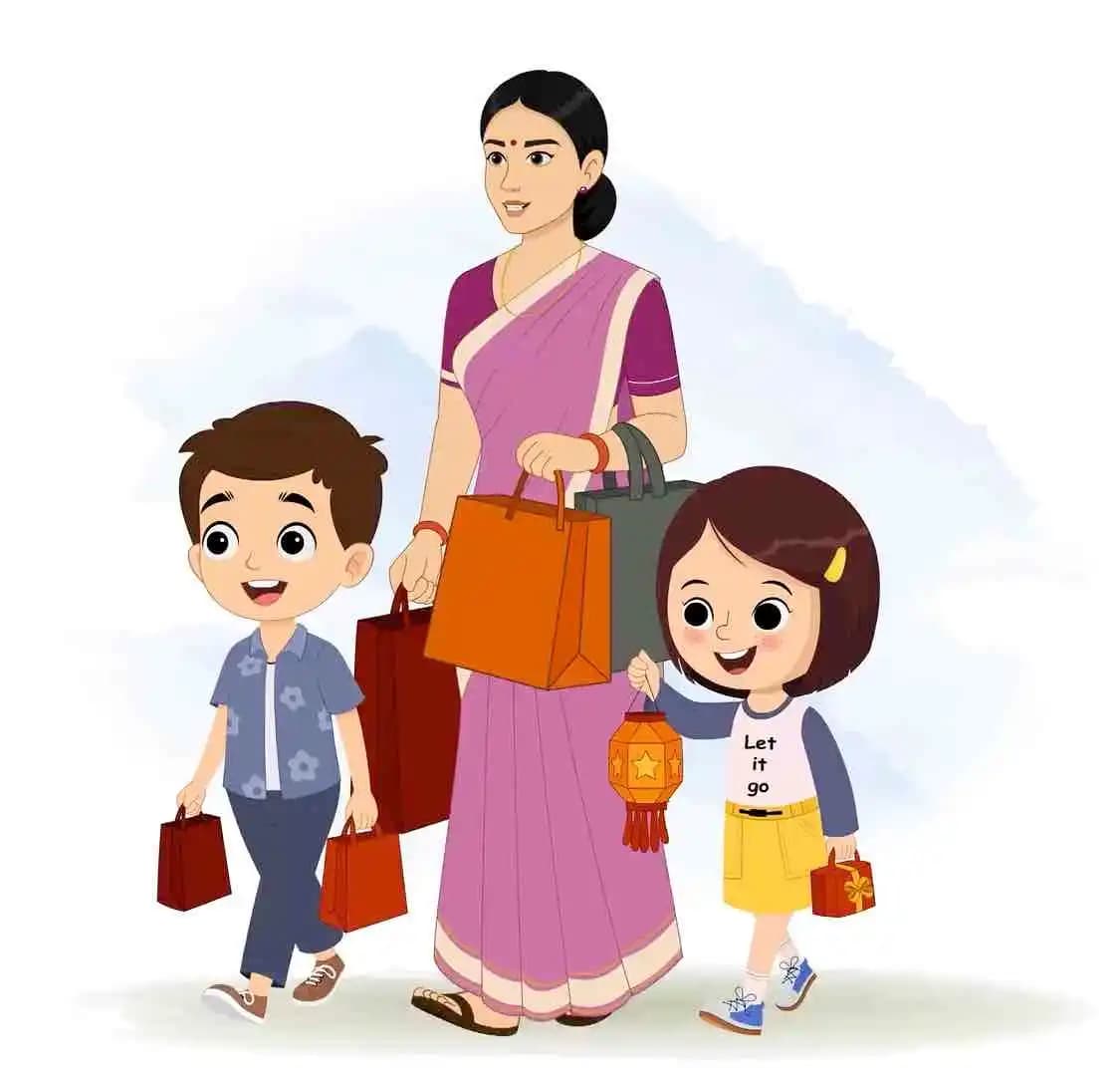 Kids with her mother and holding shopping bag animated vector cartoon character