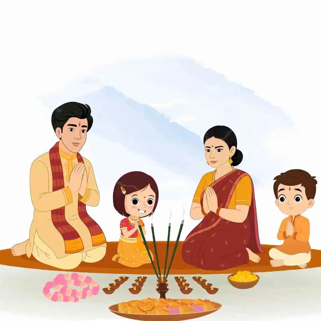 Indian family doing pooja animated vector cartoon character