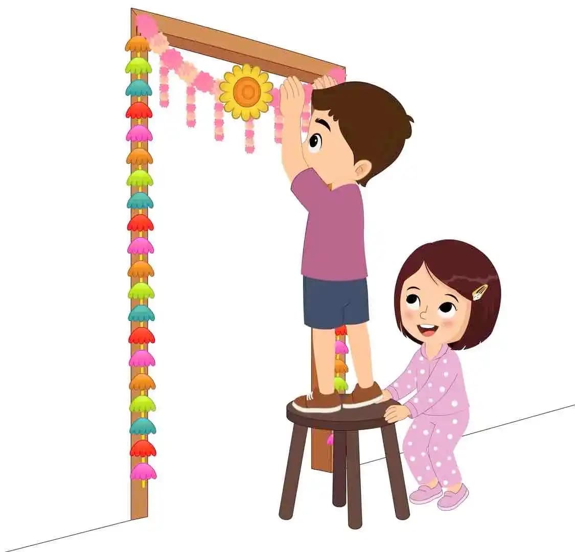 Kids doing Diwali decoration animated vector cartoon character