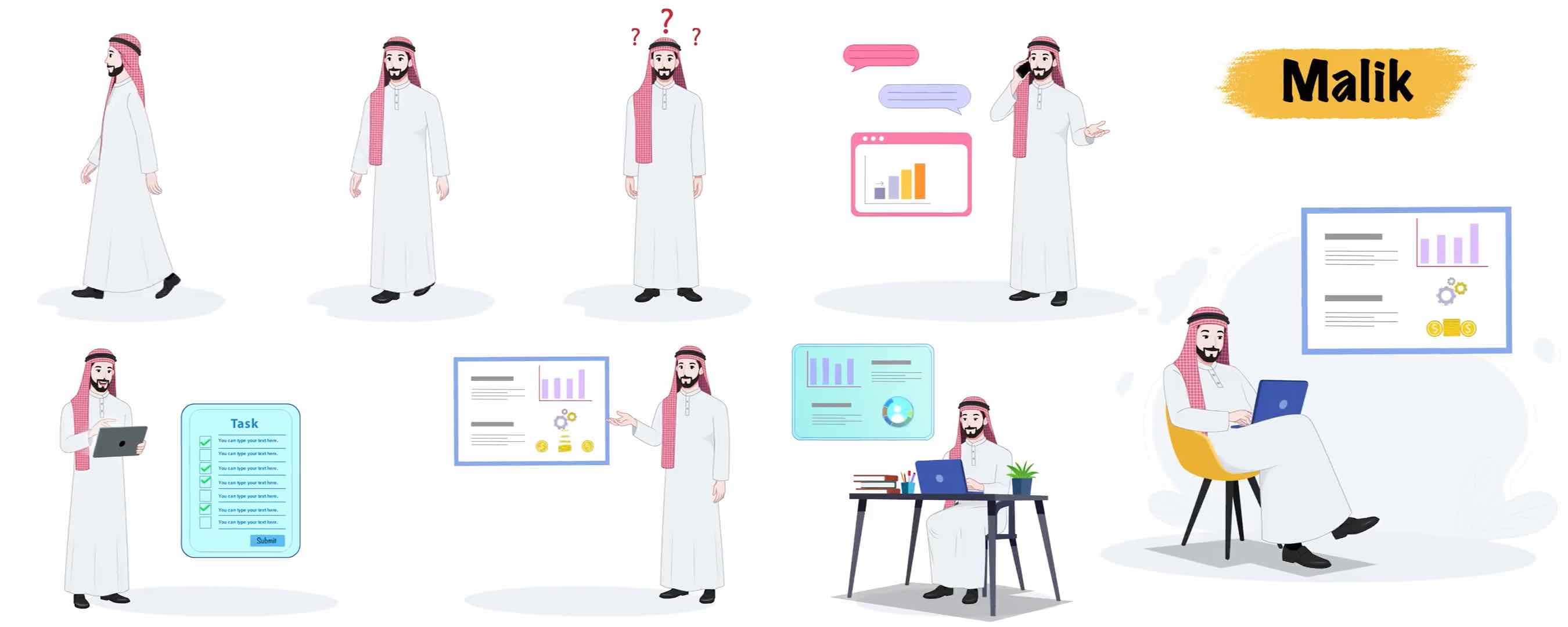 Arab man animated character model sheet cartoon vector