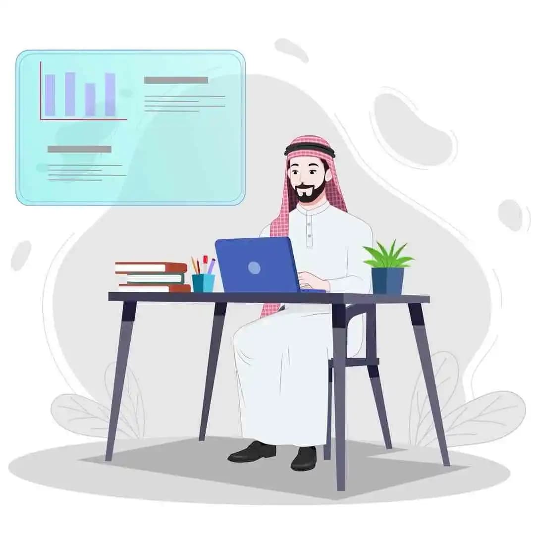 An Arab man animated doing work on laptop vector cartoon character AKA Malik