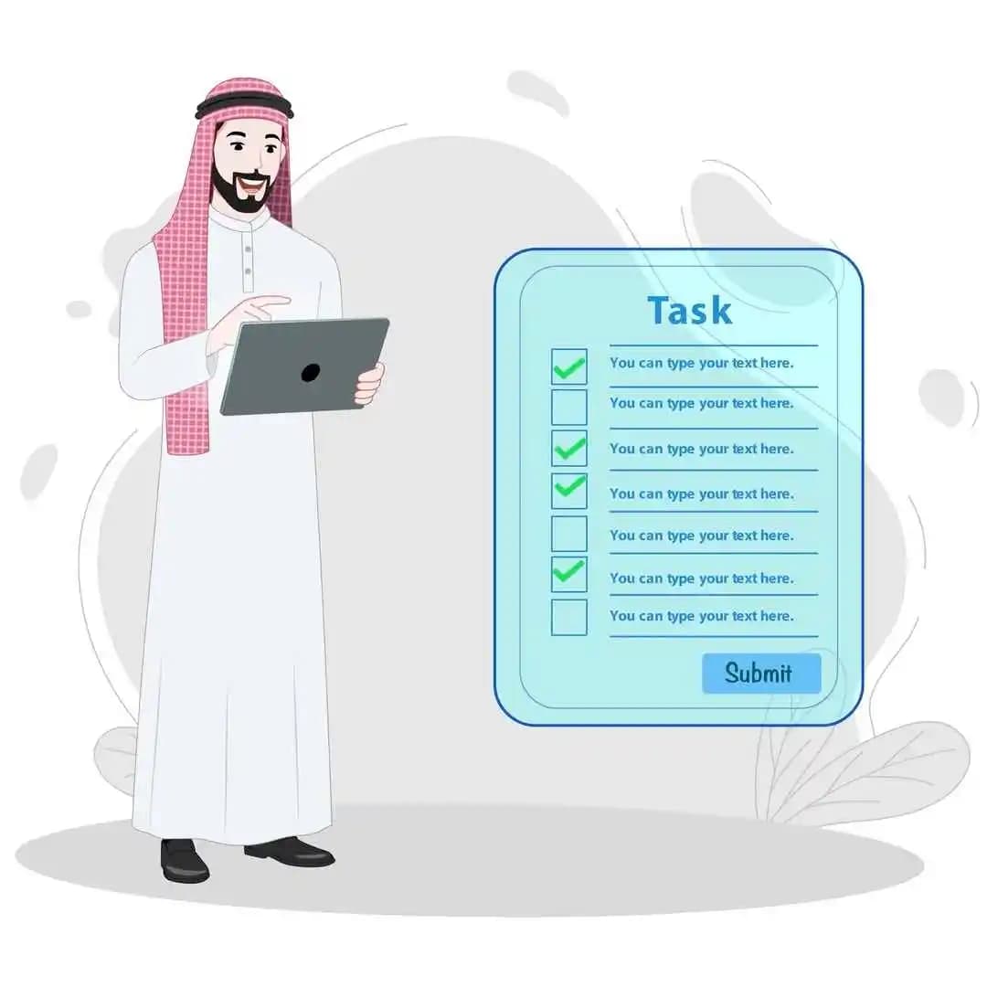 An Arab man animated vector cartoon character using tablet AKA Malik