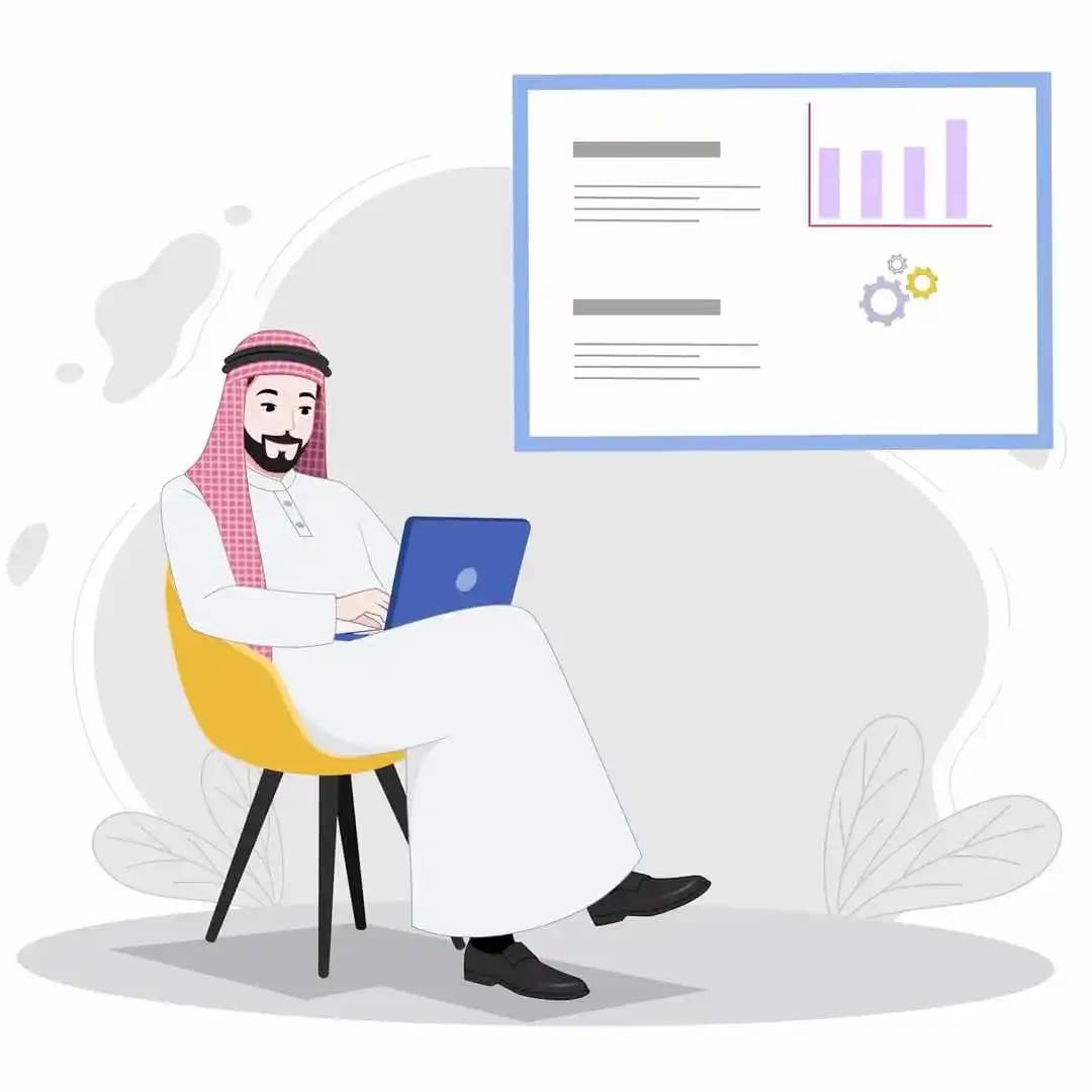 An Arab man working on laptop animated vector cartoon character AKA Malik