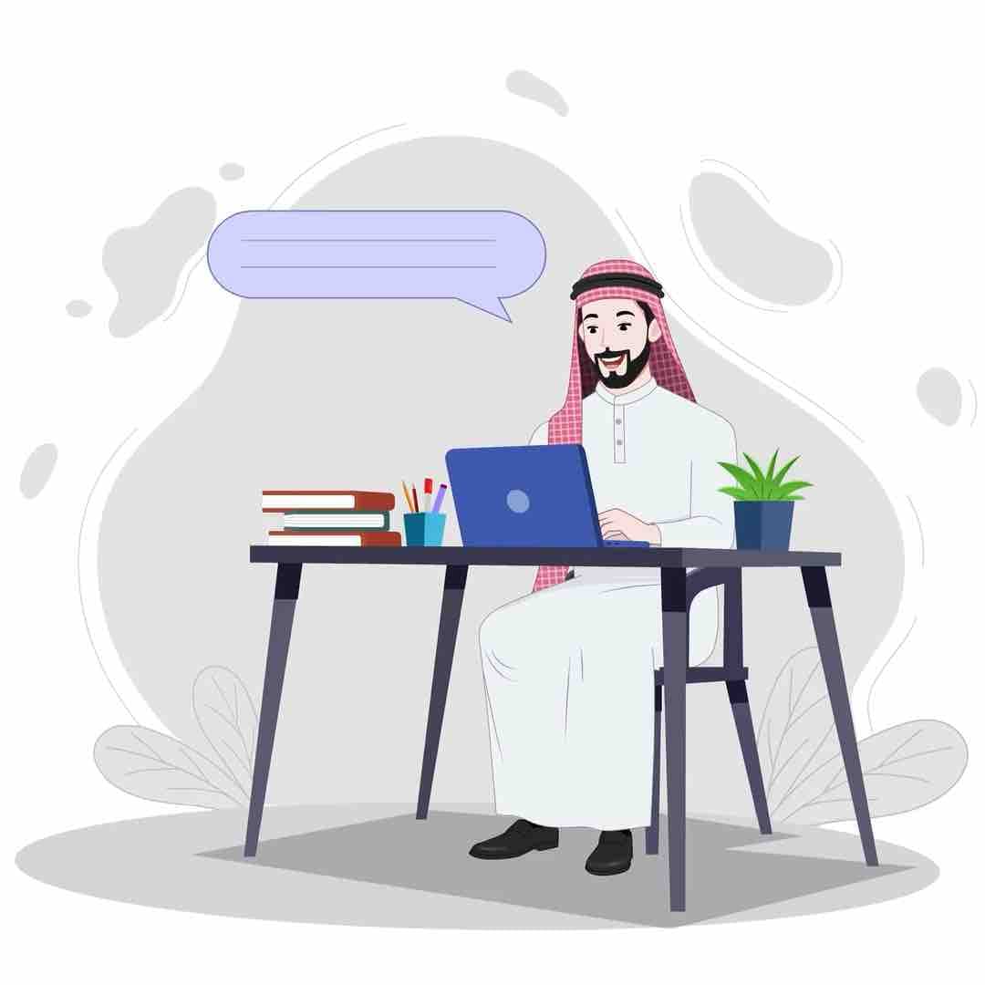 An animated arab man vector cartoon character talking while working AKA Malik