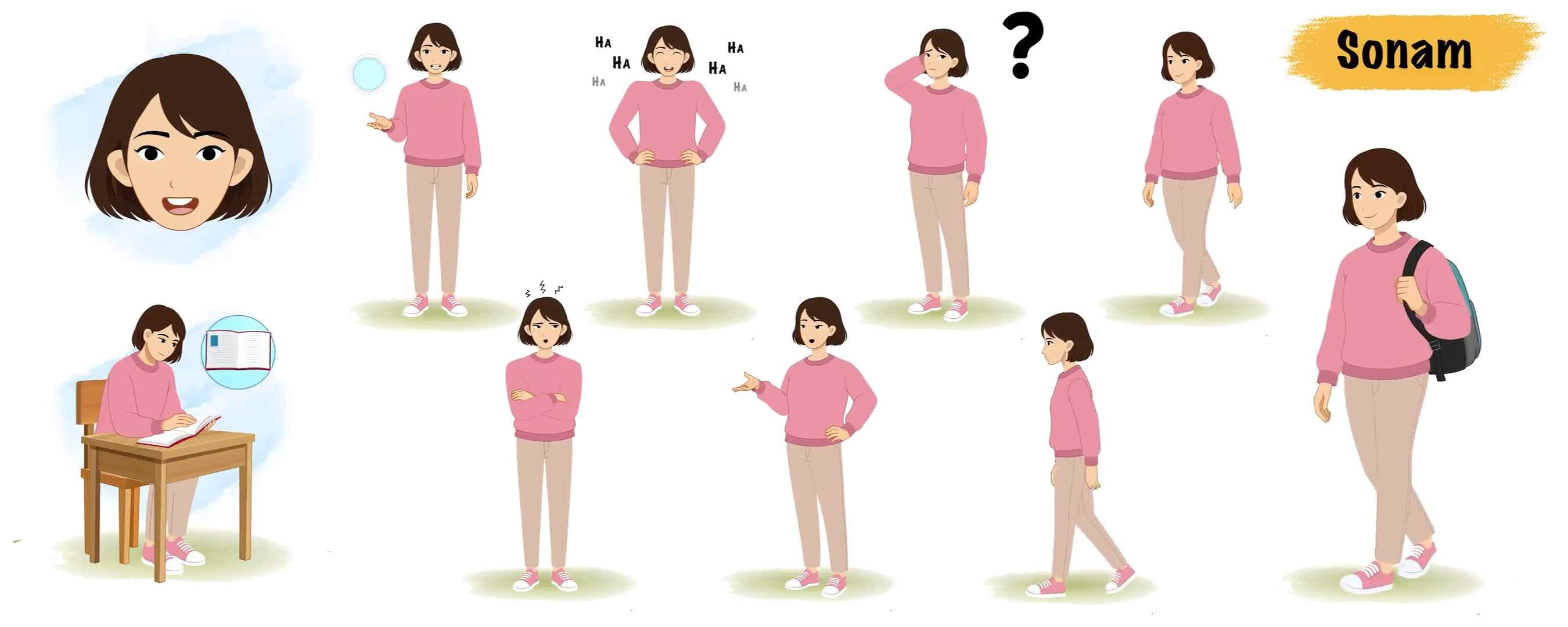 Cheerful female character animated model sheet vector