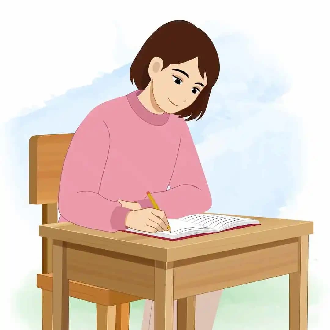A cheerful female character writing in notebook animated cartoon vector AKA Sonam