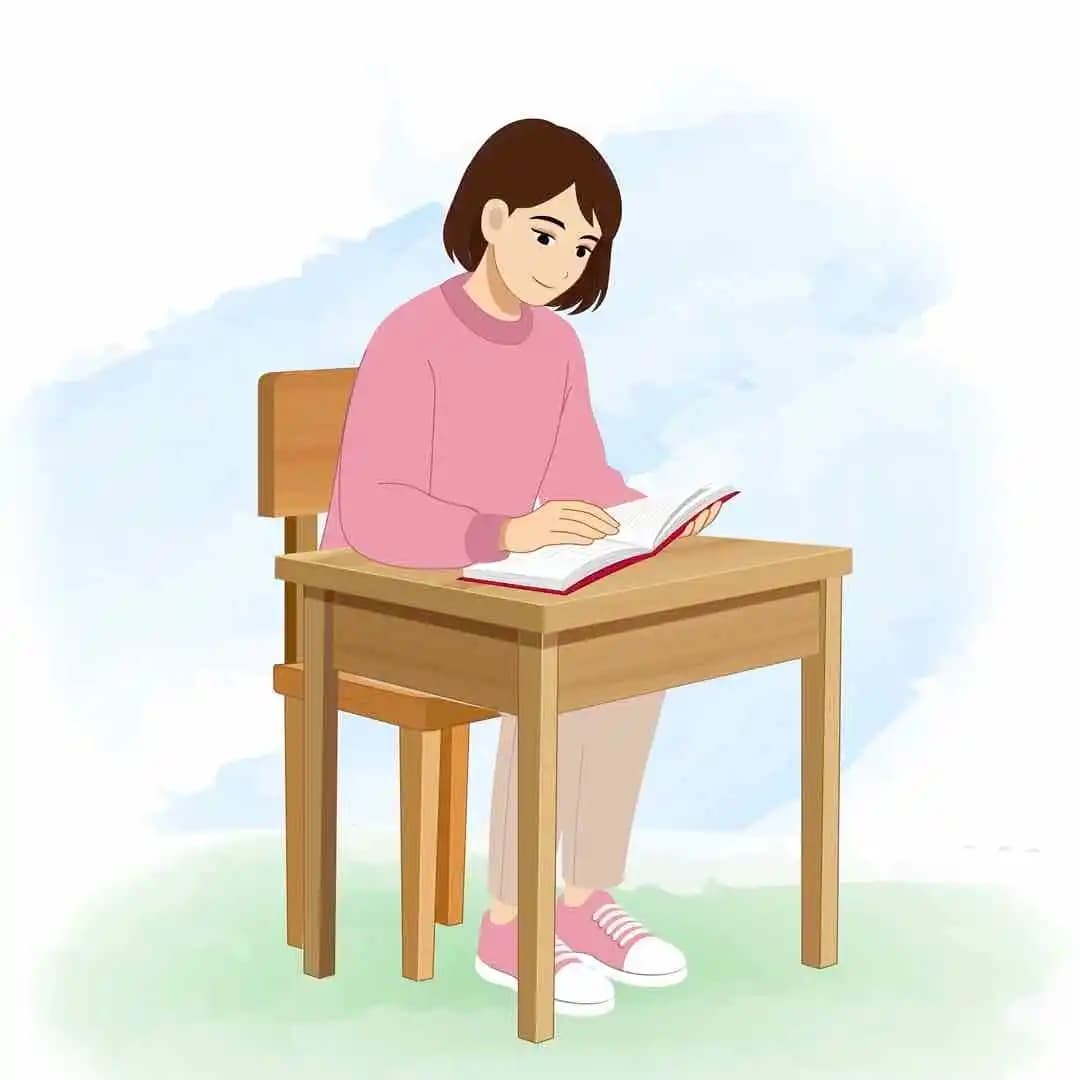 A cheerful female character reading book animated pose cartoon vector