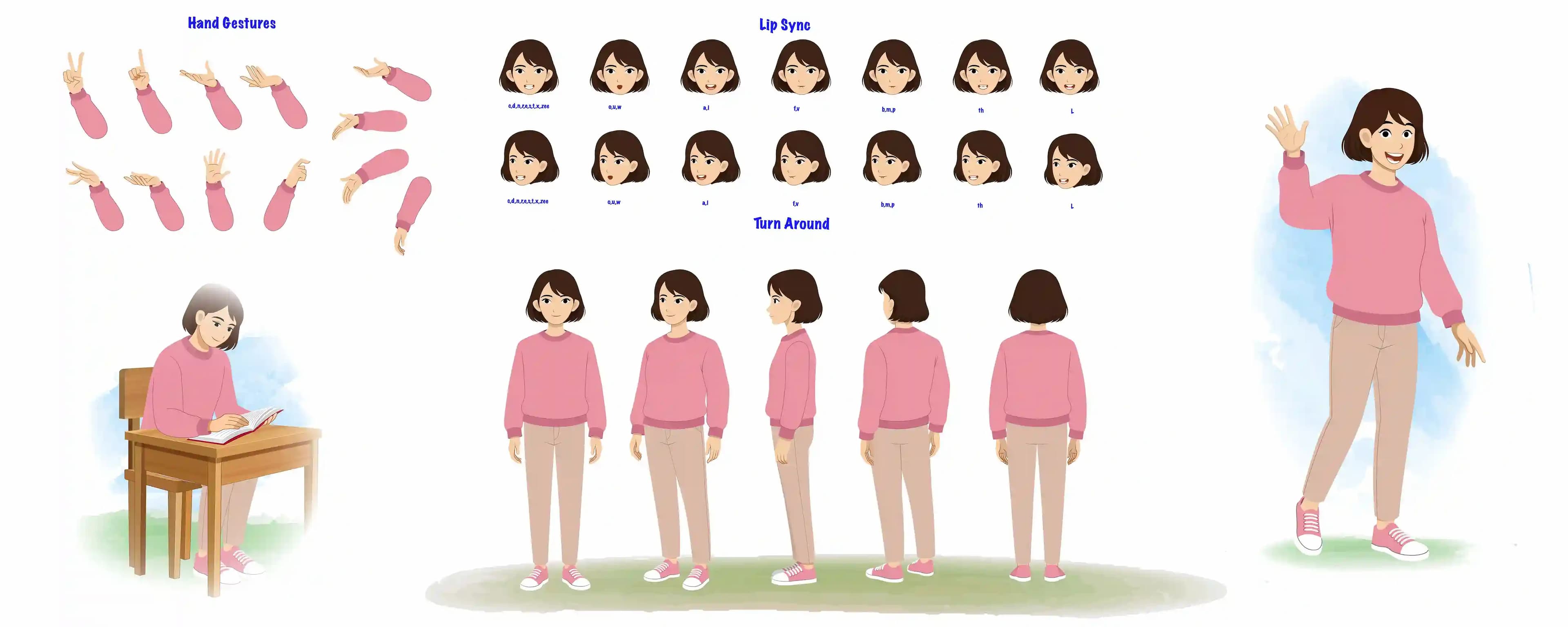 Cheerful female character model sheet & cartoon vector construction design set AKA Sonam