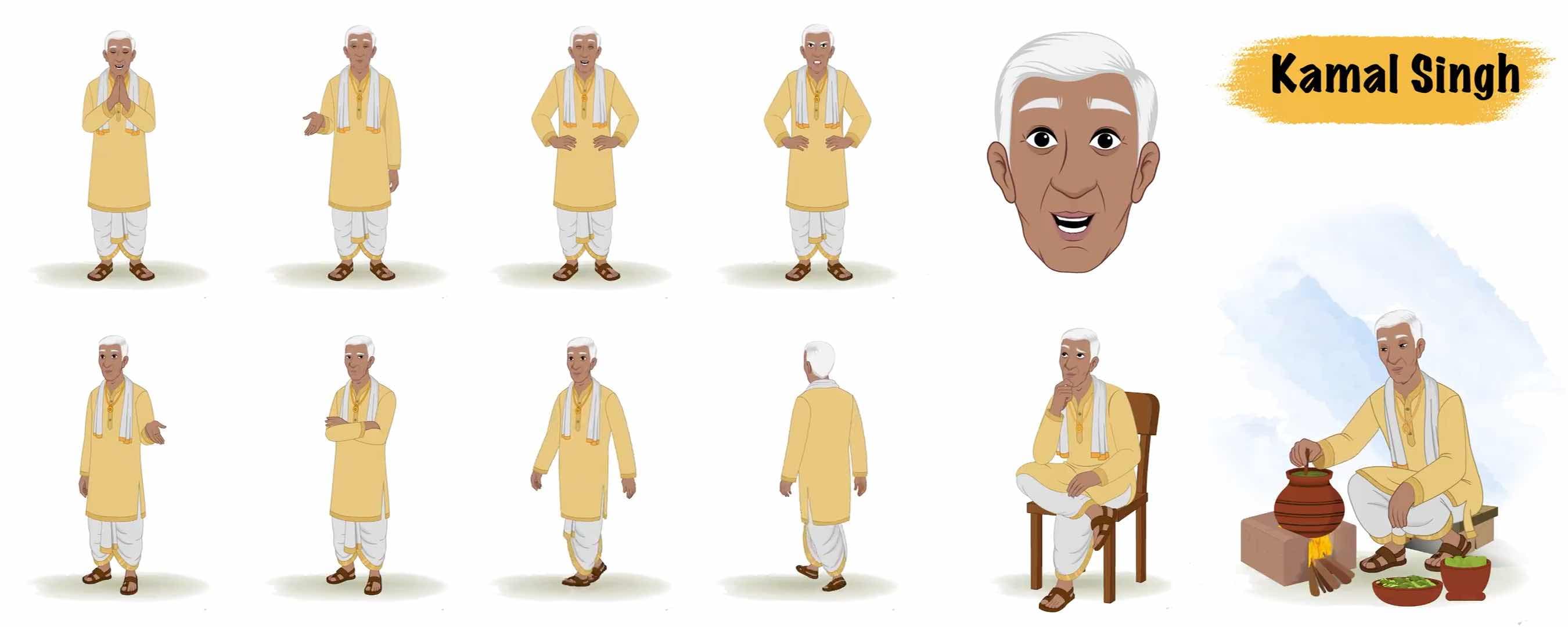 Indian man village doctor animated character model sheet