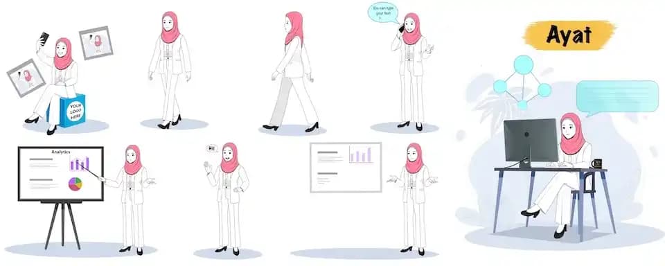 Muslim Female employee animated model sheet vector cartoon character AKA Ayat