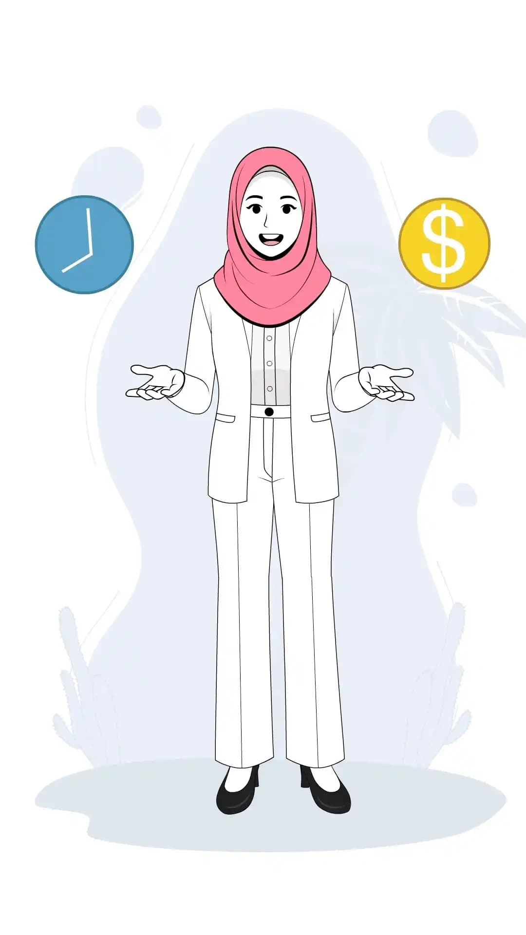 Hijab woman character in business suit talking animated vector cartoon character AKA Ayat