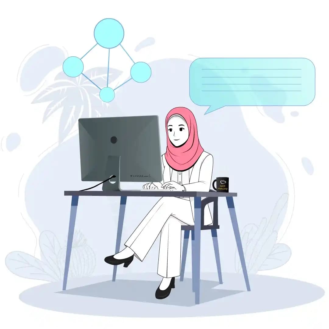 Hijab woman working on iMac at desk animated vector cartoon character AKA Ayat
