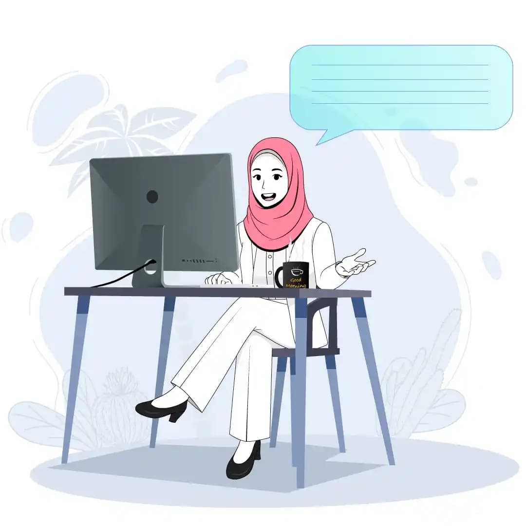 Hijab woman sitting and talking at desk animated vector cartoon character AKA Ayat
