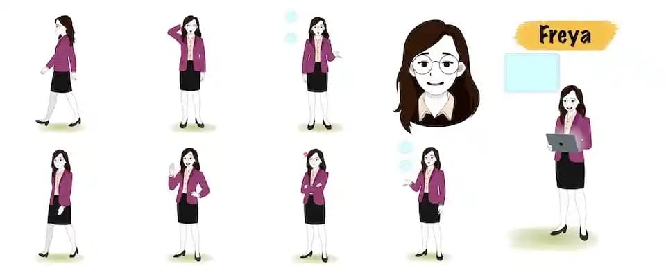 Female Office Manager animated vector cartoon character model sheet AKA Freya