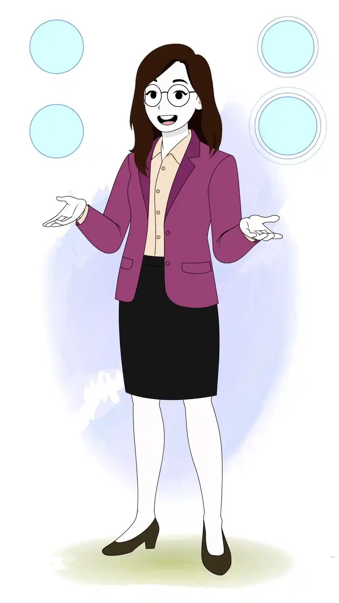 Cartoon woman explaining and talking with mobile app animated vector character AKA Freya