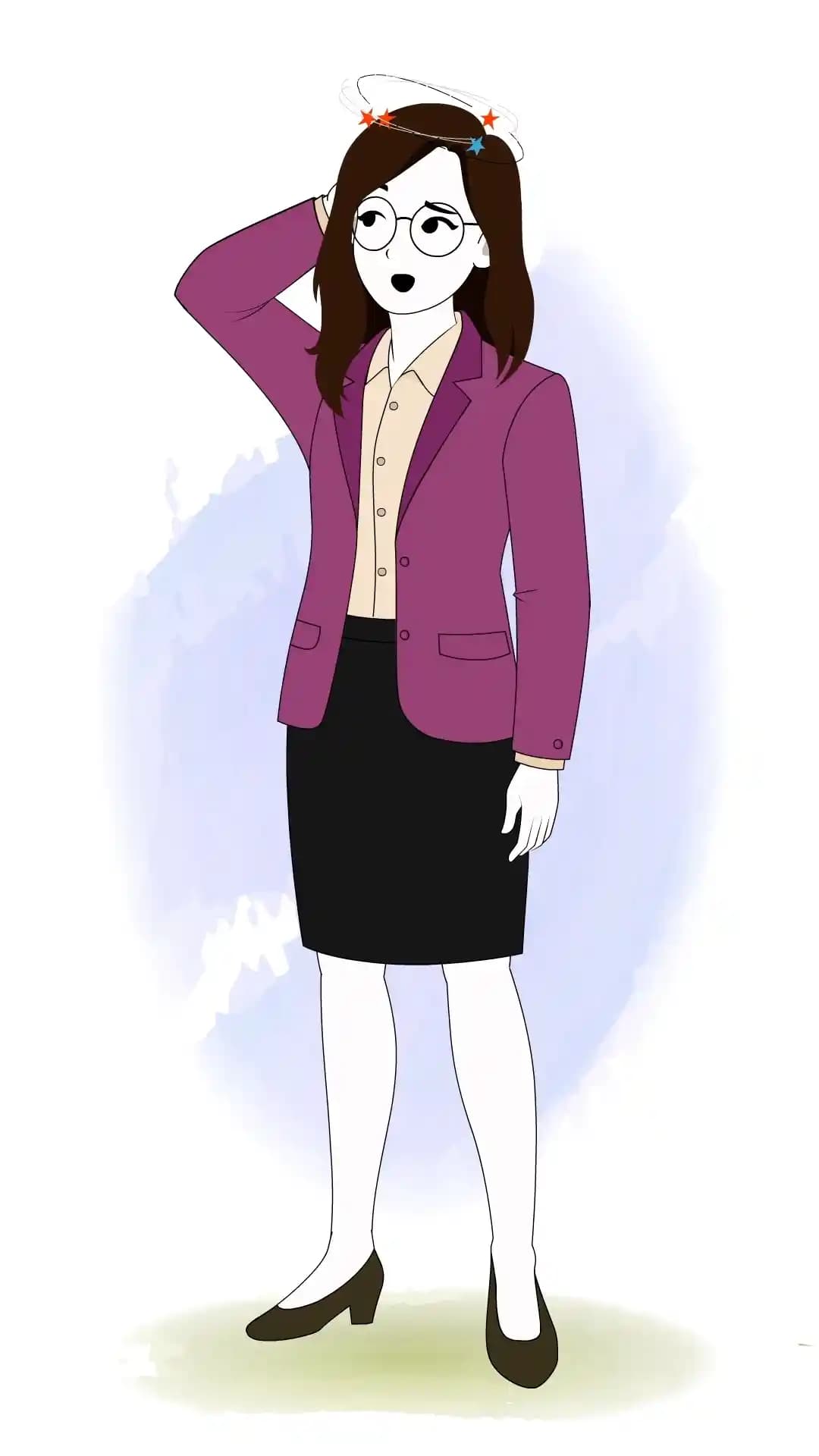 Cartoon woman confused one third office worker animated vector character AKA Freya