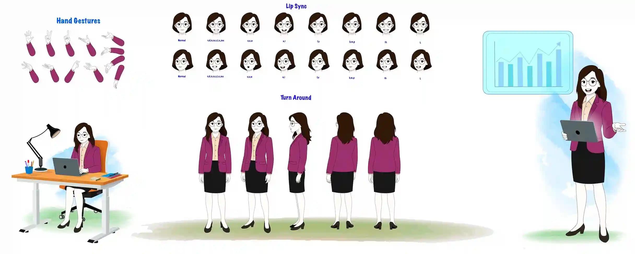 Female Office Manager Vector Cartoon Character Model Sheet with Hand Gestures, Lipsync & Turnaround AKA Freya