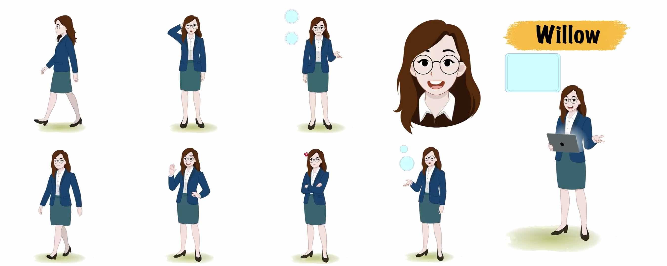 Business woman character animated model sheet vector