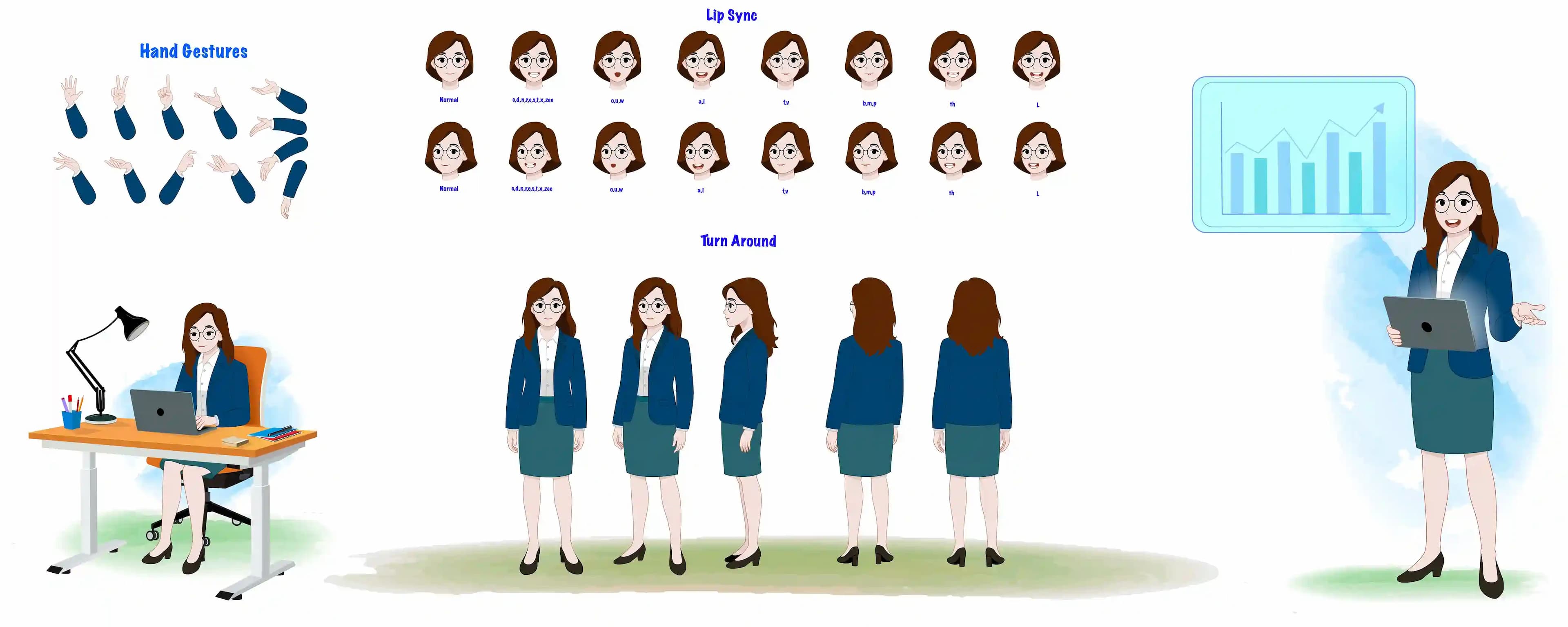 A business woman character animated model sheet cartoon vector design set for animation AKA Willow