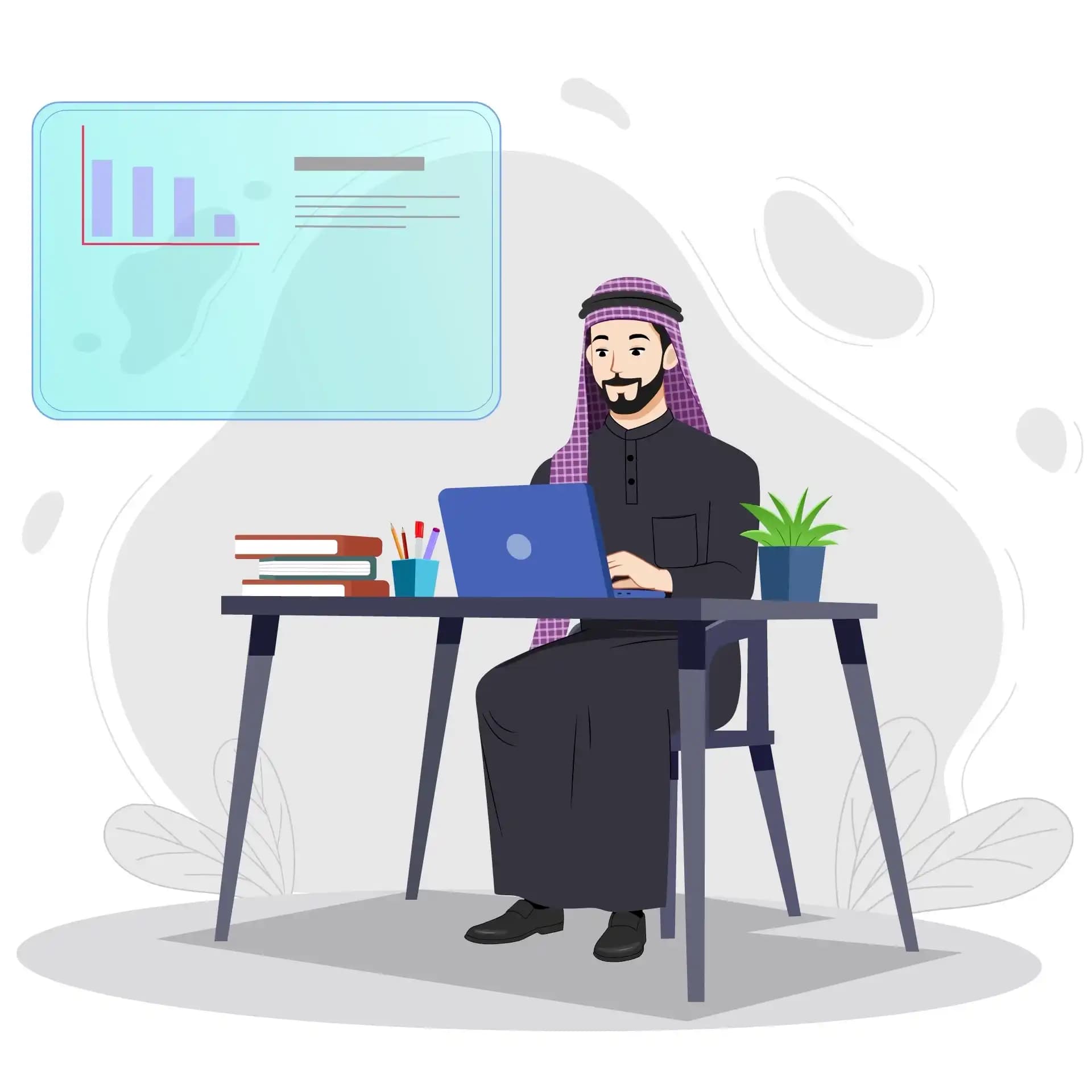 Handsome Arab Man Working on Laptop Animated Vector Cartoon Character AKA Akram
