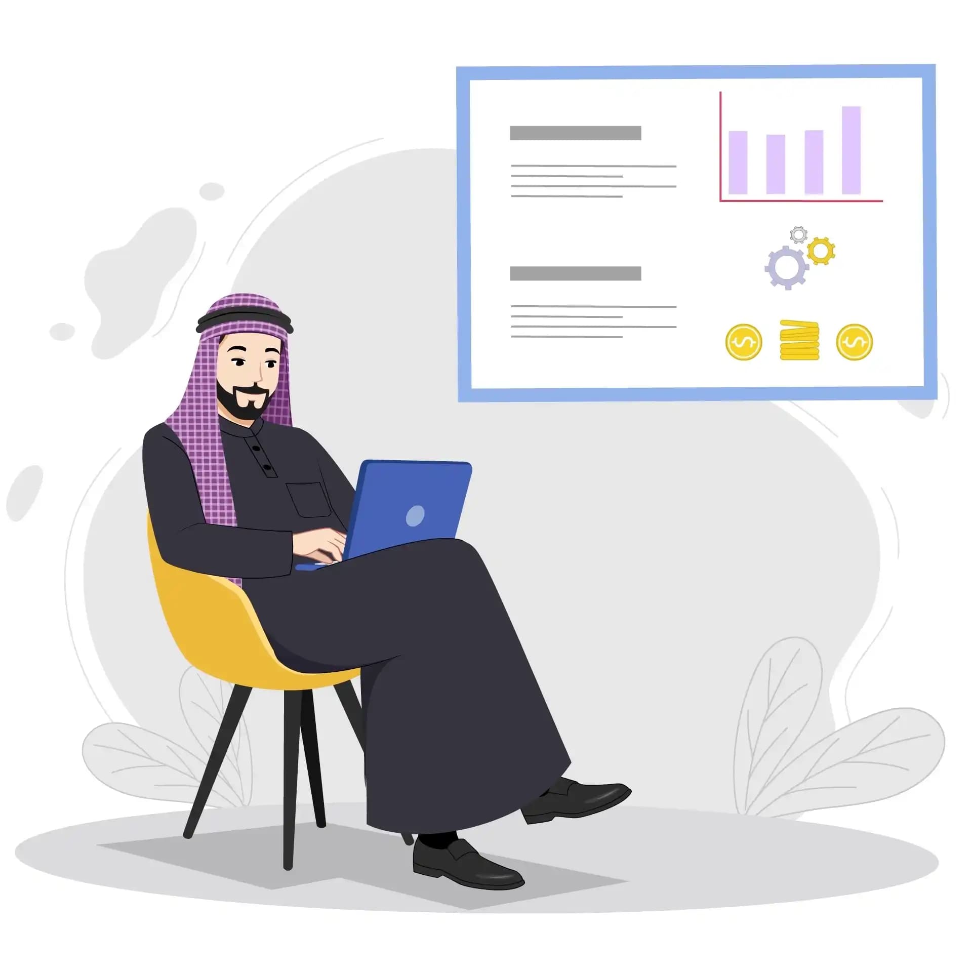 Handsome Arab Man Sitting and Using Laptop Animated Vector Cartoon Character AKA Akram
