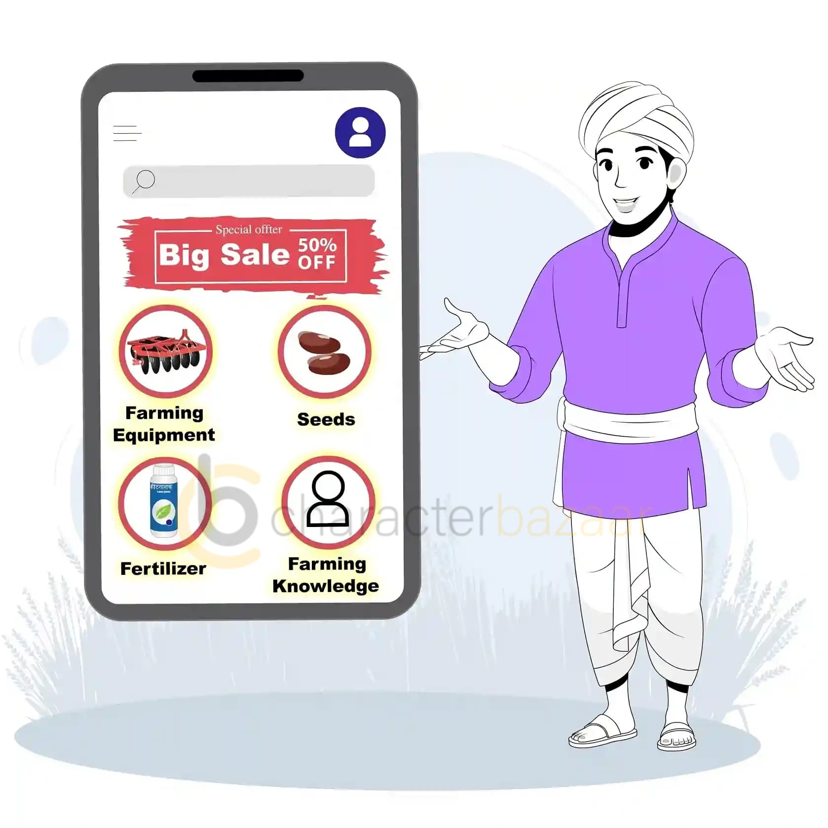 Indian Farmer One Third Talking Animated Vector Cartoon Character AKA Sunil