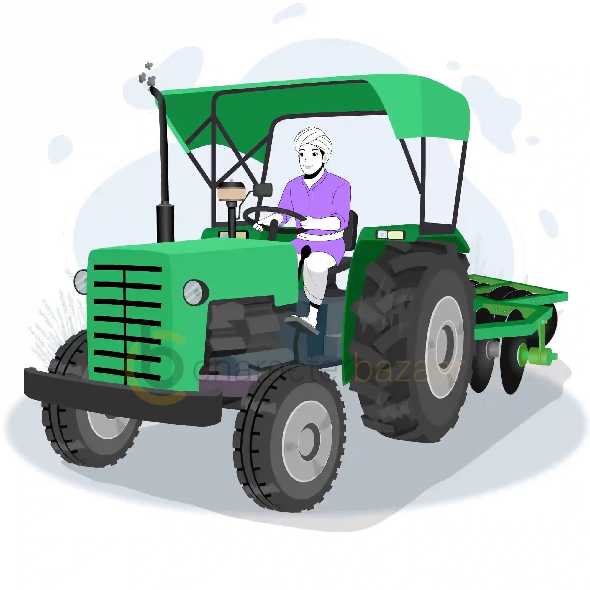 Indian Farmer Driving Tractor with Harrow Animated Vector Cartoon Character AKA Sunil