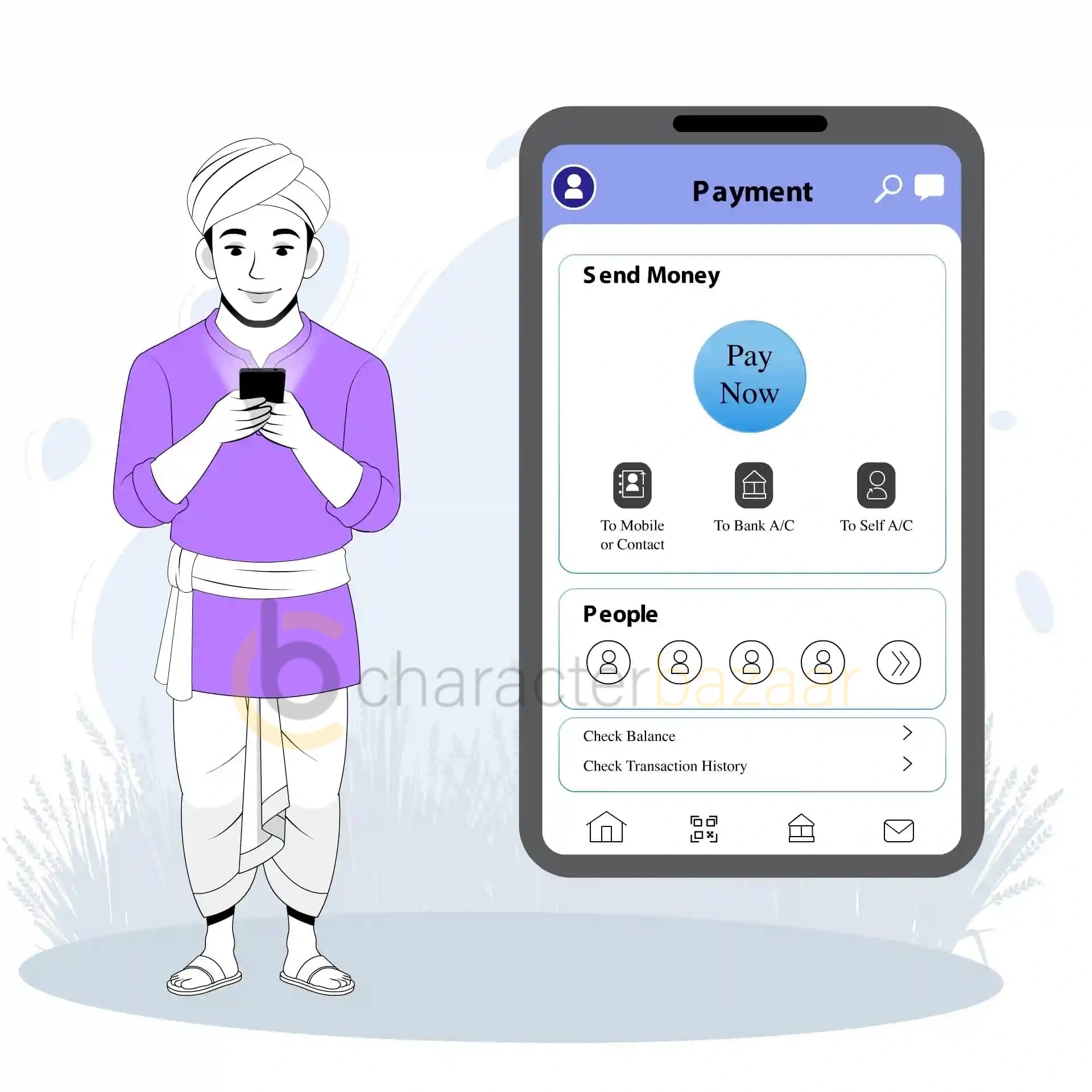 Indian Farmer Doing Online Payment Animated Vector Cartoon Character AKA Sunil