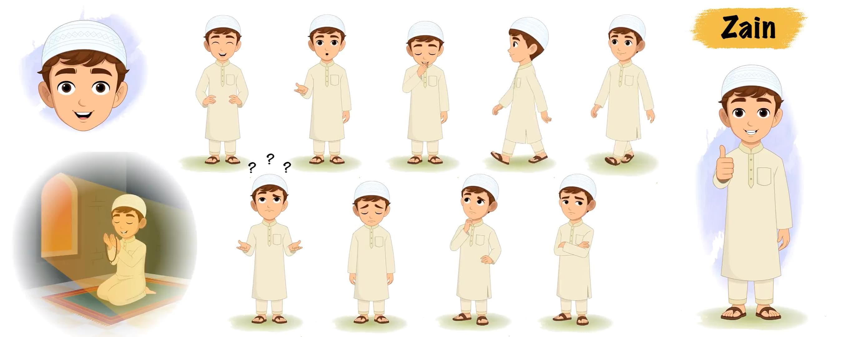 Muslim Islamic boy character animated model sheet vector AKA Zain