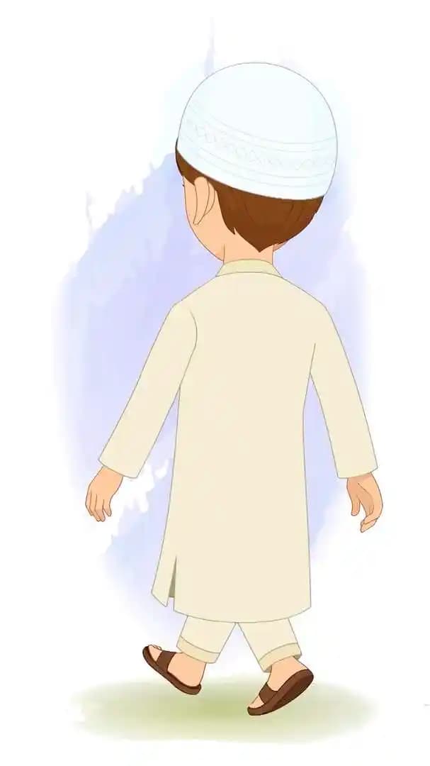 A muslim Islamic boy animated character walking in back third view AKA Zain
