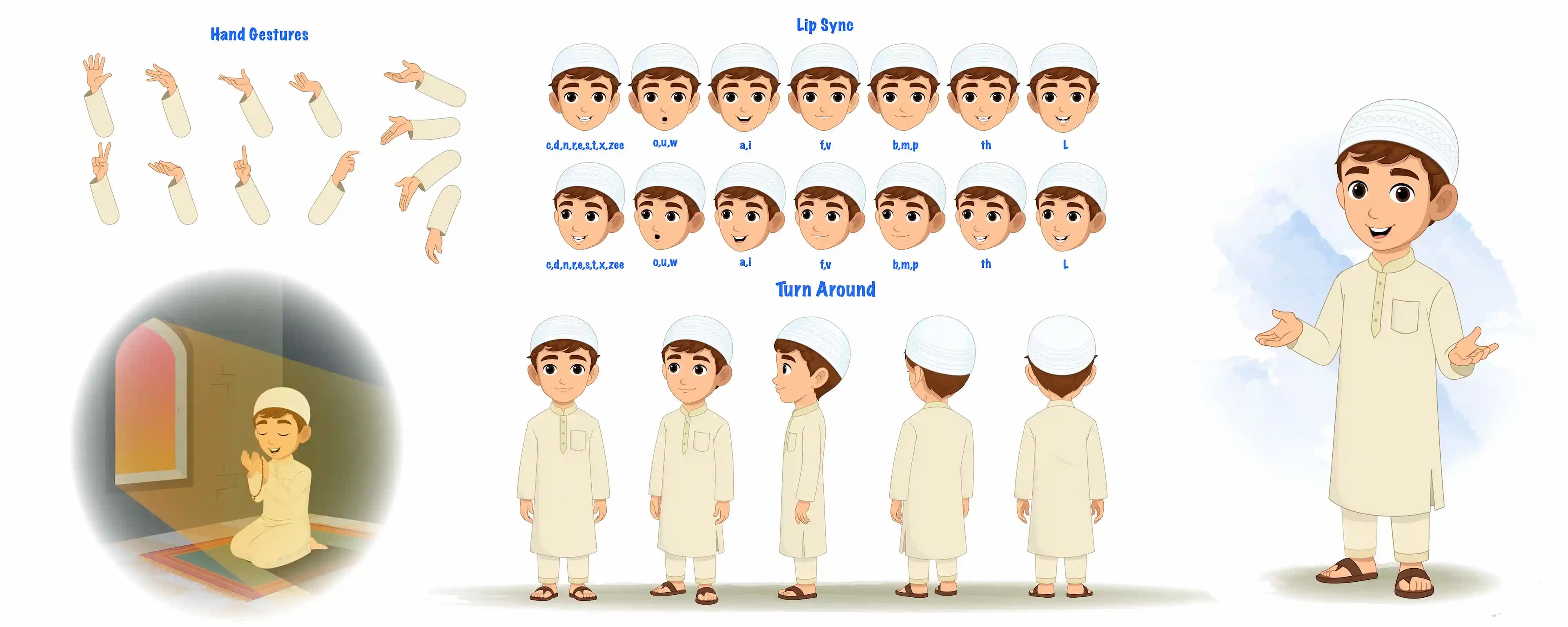 A muslim Islamic boy animated character model sheet & construction design set AKA Zain