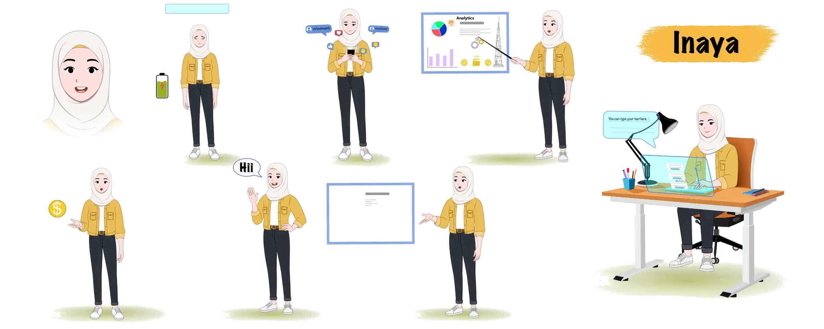 Arabian muslim female hijab character animated model sheet