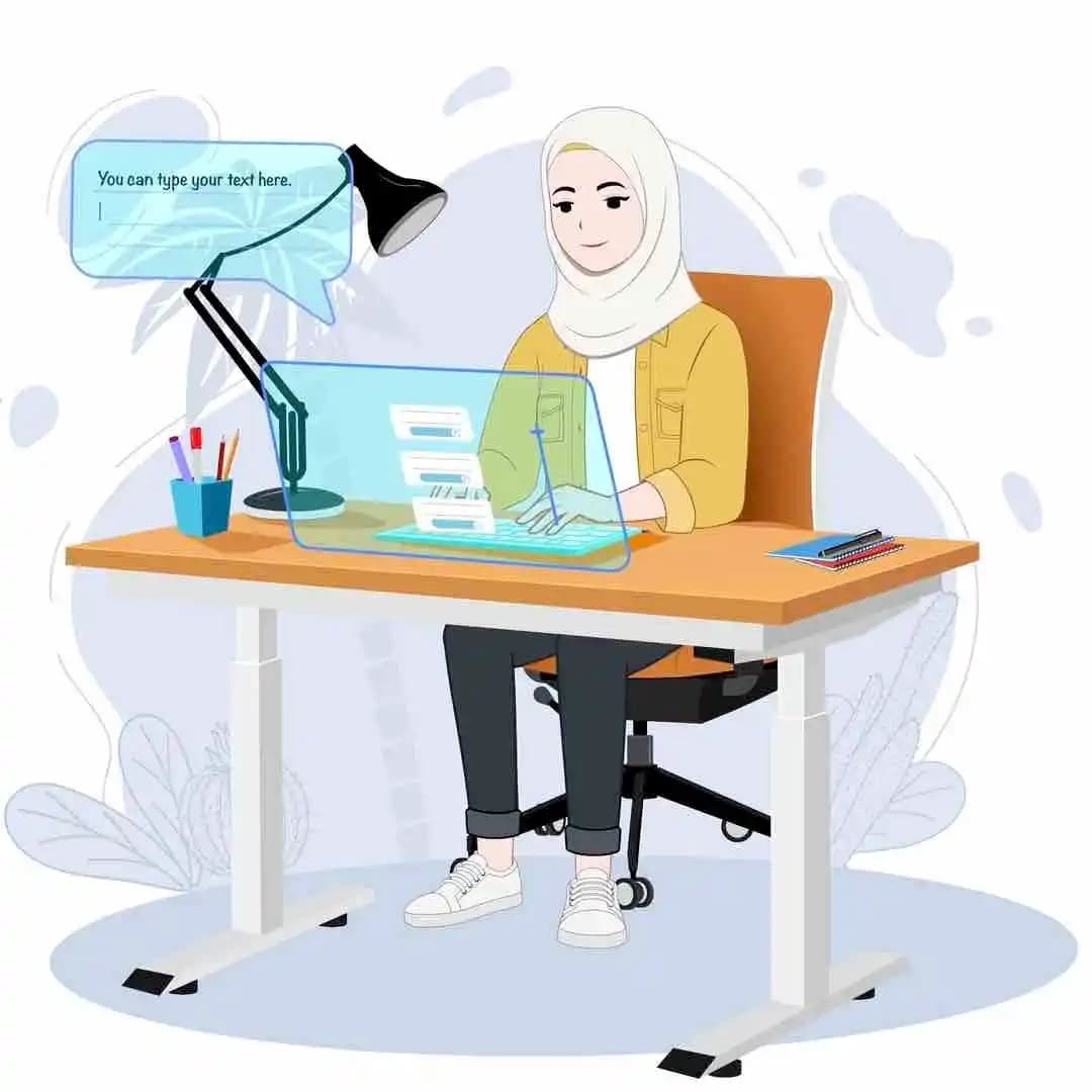 An arabian muslim female hijab character working animated vector pose AKA Inaya