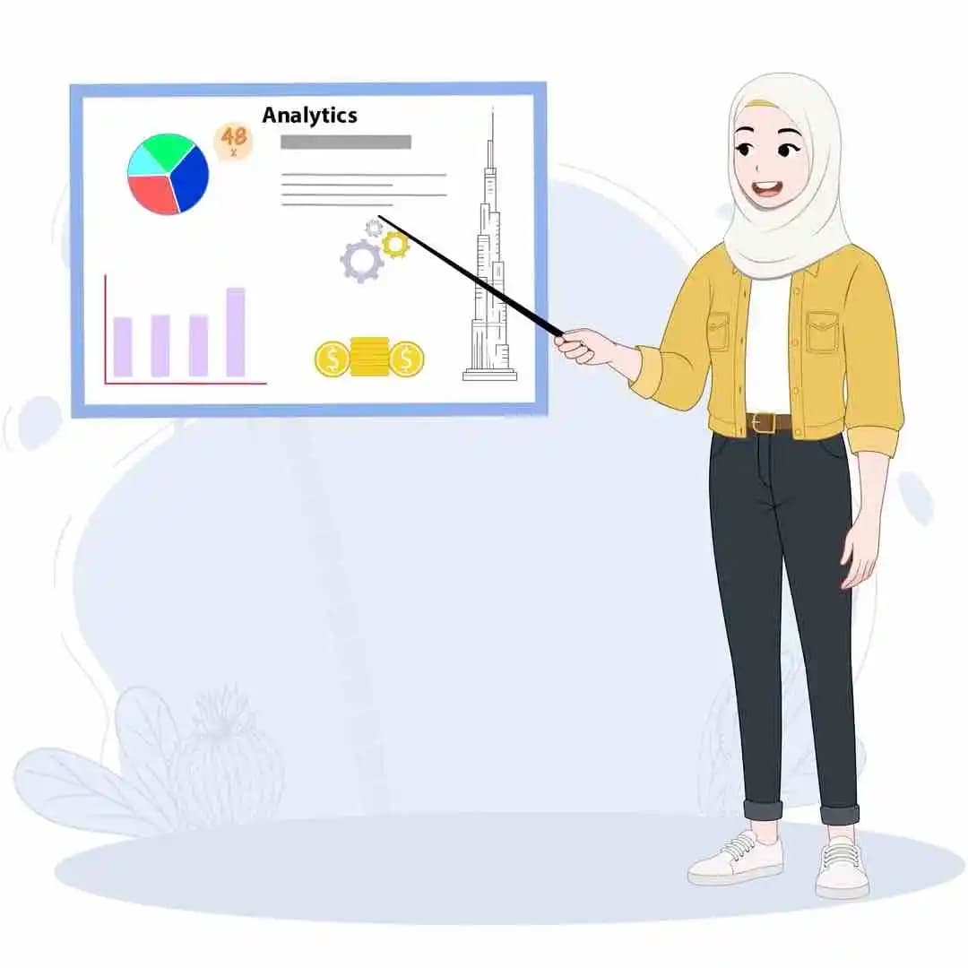 An arabian muslim female hijab character giving presentation animated vector pose AKA Inaya