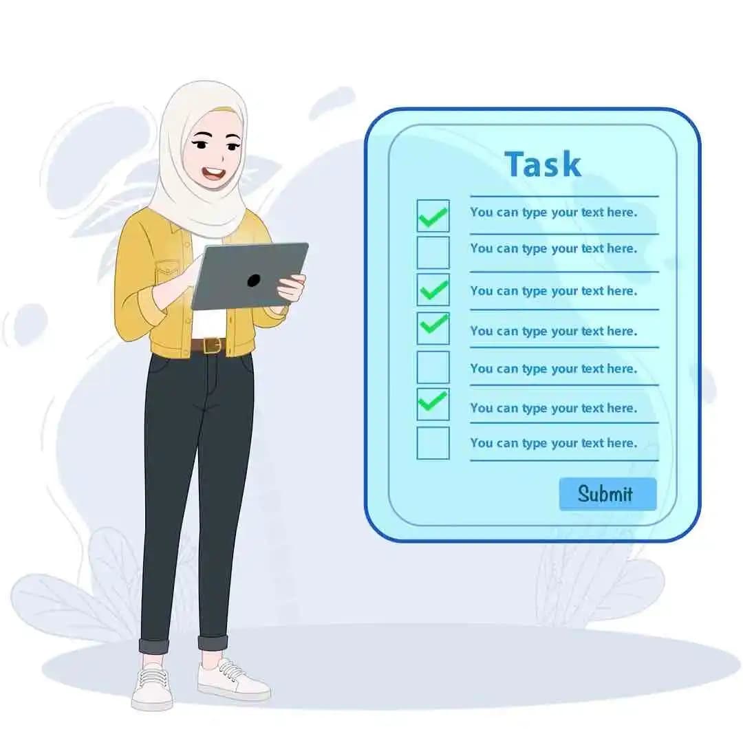 An arabian muslim female hijab character using tablet animated vector pose AKA Inaya