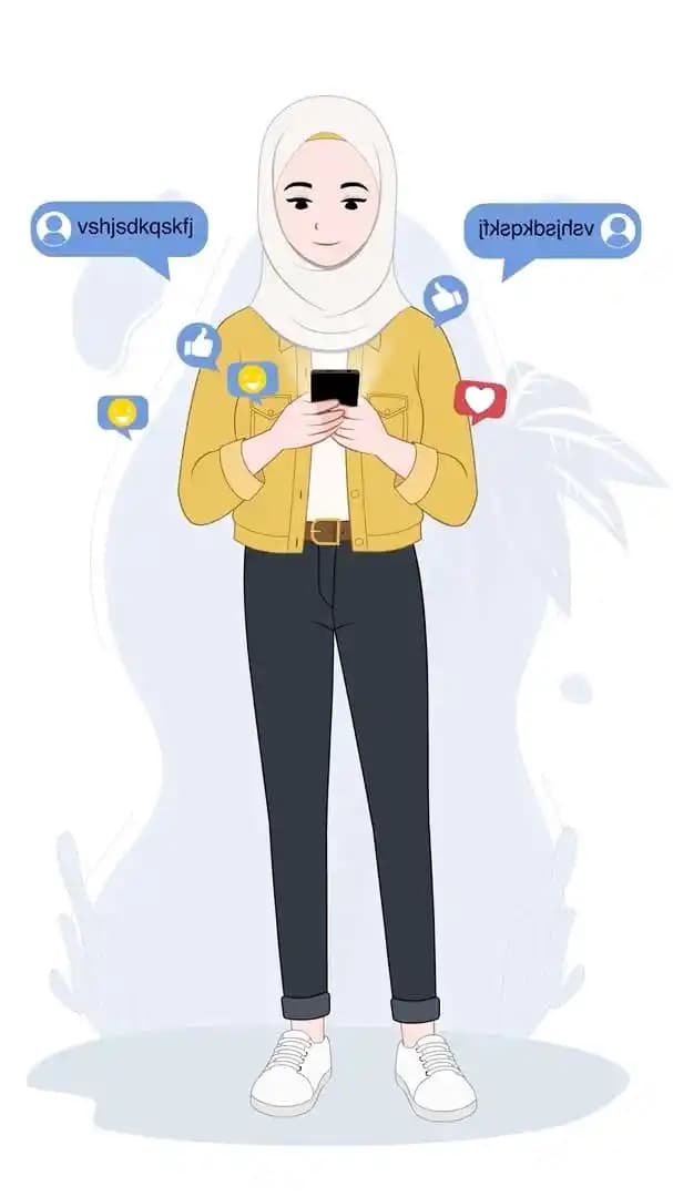 An arabian muslim female hijab character using mobile animated vector pose AKA Inaya