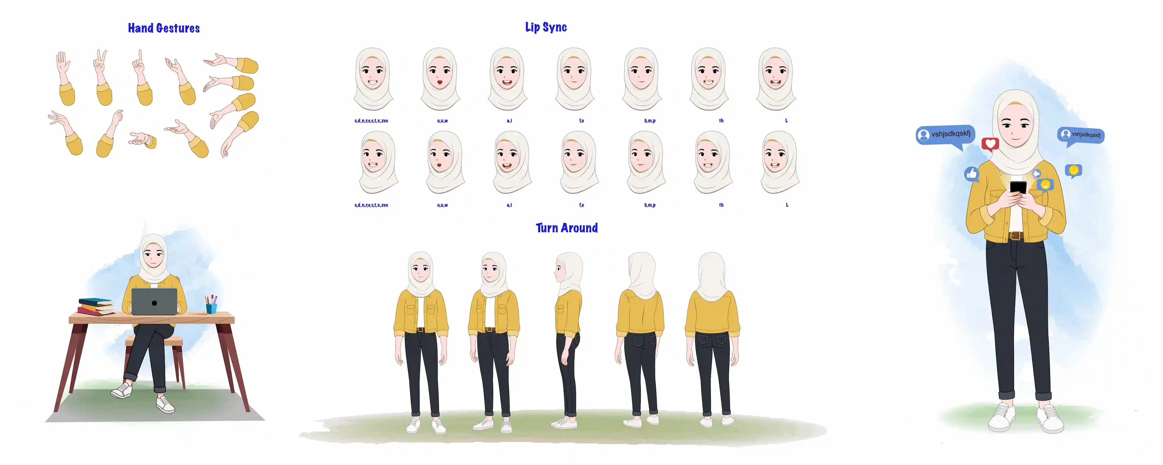 An arabian muslim female hijab character model sheet & turn around design set for animation AKA Inaya