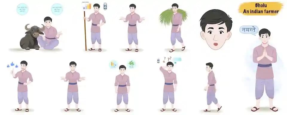 Indian village young boy animated vector cartoon character model sheet AKA Bholu