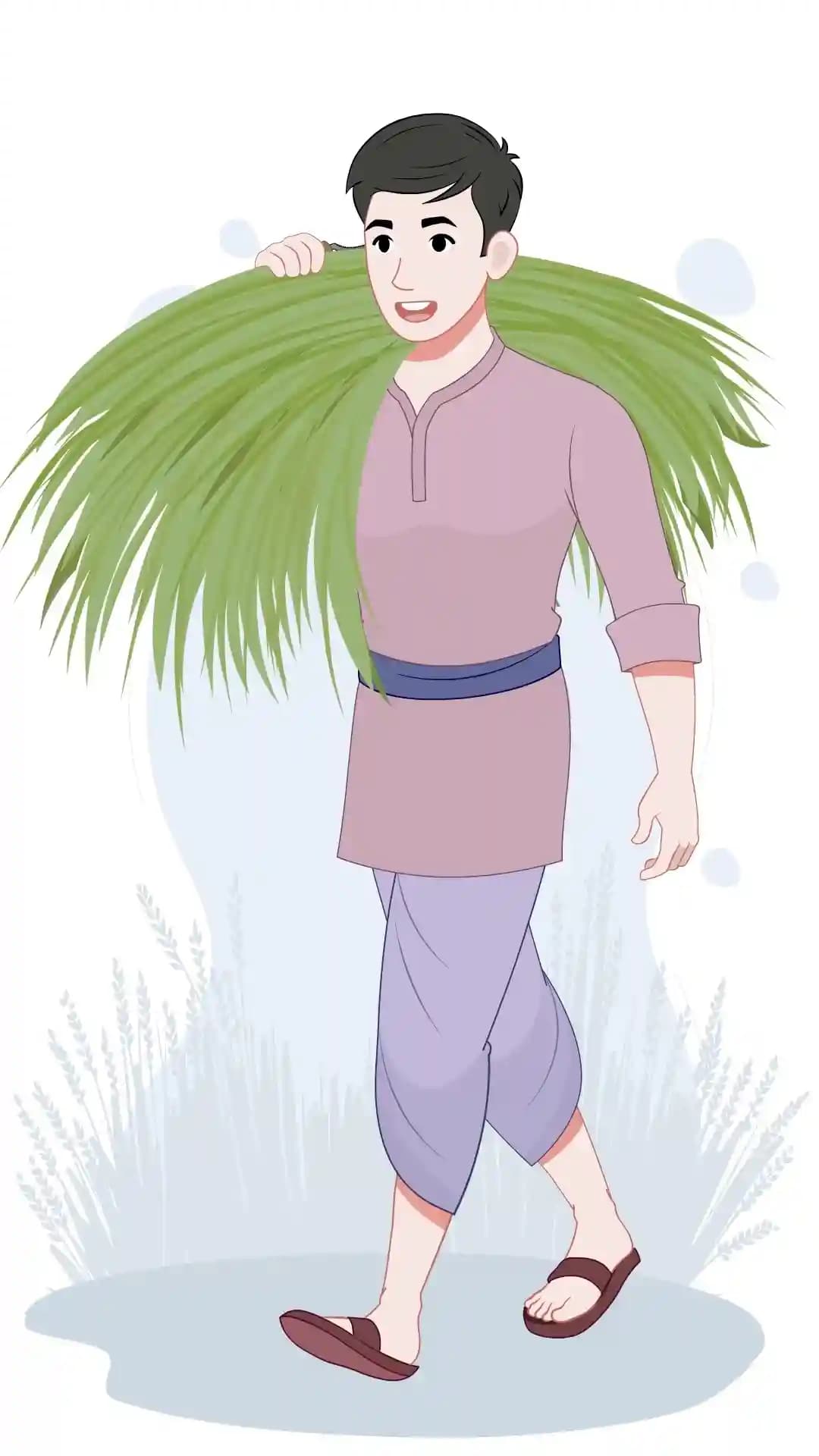 Indian Village Young Boy Walk One Third with Grass Animated Vector Cartoon Character AKA Bholu
